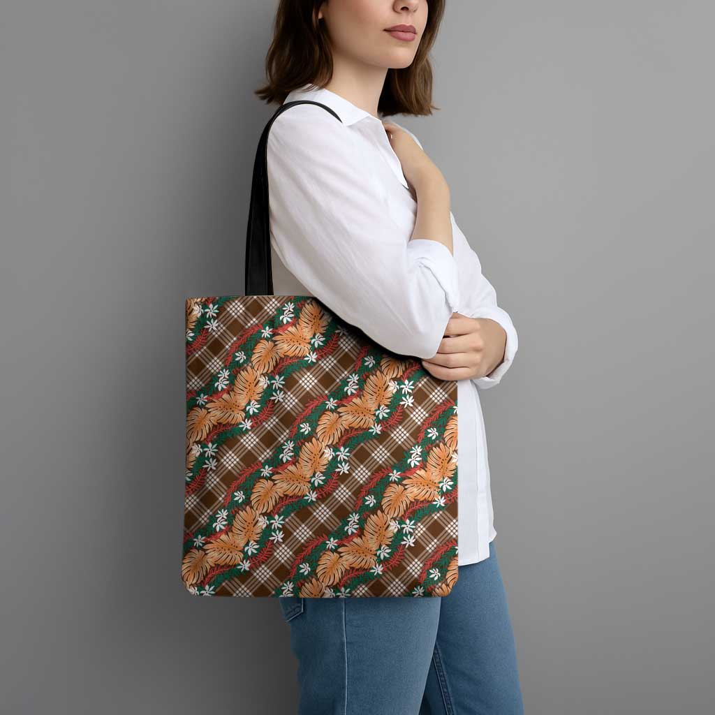 Polynesian Monstera Tiare Floral Tote Bag Chocolate Brown Tropical Plaid LT01 - Polynesian Pride