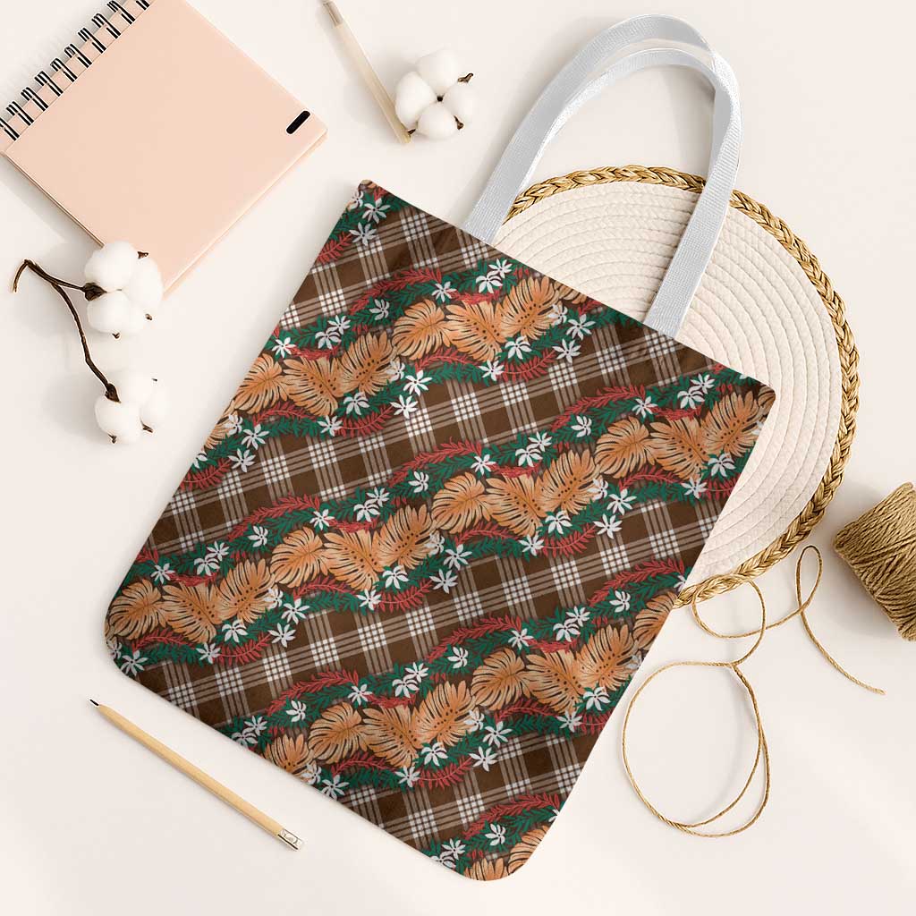 Polynesian Monstera Tiare Floral Tote Bag Chocolate Brown Tropical Plaid LT01 White Strap One Size Brown - Polynesian Pride