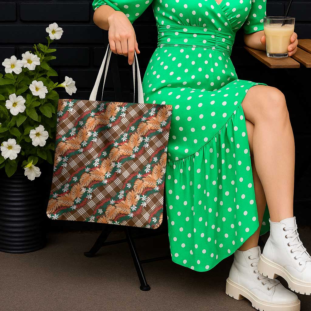 Polynesian Monstera Tiare Floral Tote Bag Chocolate Brown Tropical Plaid LT01 - Polynesian Pride