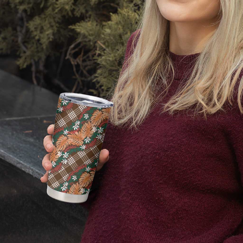Polynesian Monstera Tiare Floral Tumbler Cup Chocolate Brown Tropical Plaid - Polynesian Pride