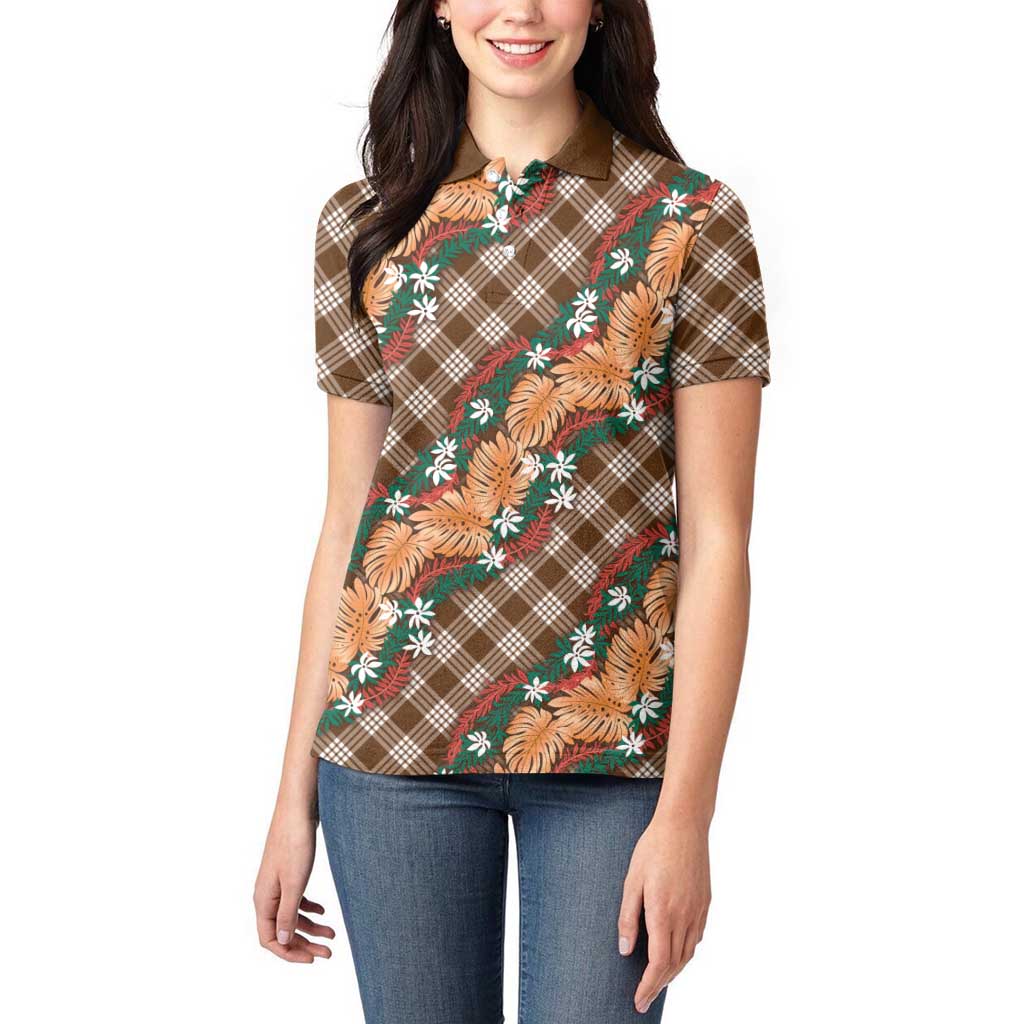 Polynesian Monstera Tiare Floral Women Polo Shirt Chocolate Brown Tropical Plaid - Polynesian Pride