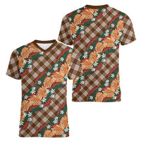 Polynesian Monstera Tiare Floral Women V-Neck T-Shirt Chocolate Brown Tropical Plaid - Polynesian Pride