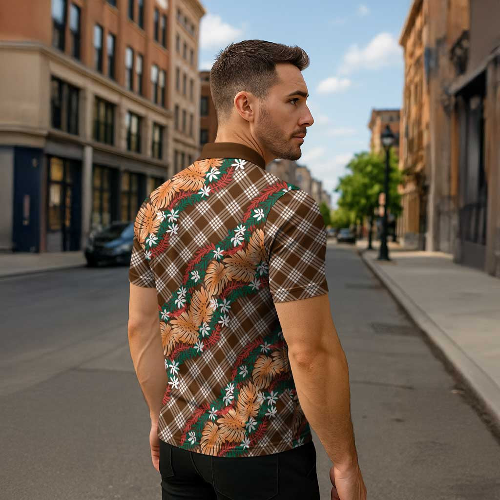 Polynesian Monstera Tiare Floral Zipper Polo Shirt Chocolate Brown Tropical Plaid - Polynesian Pride