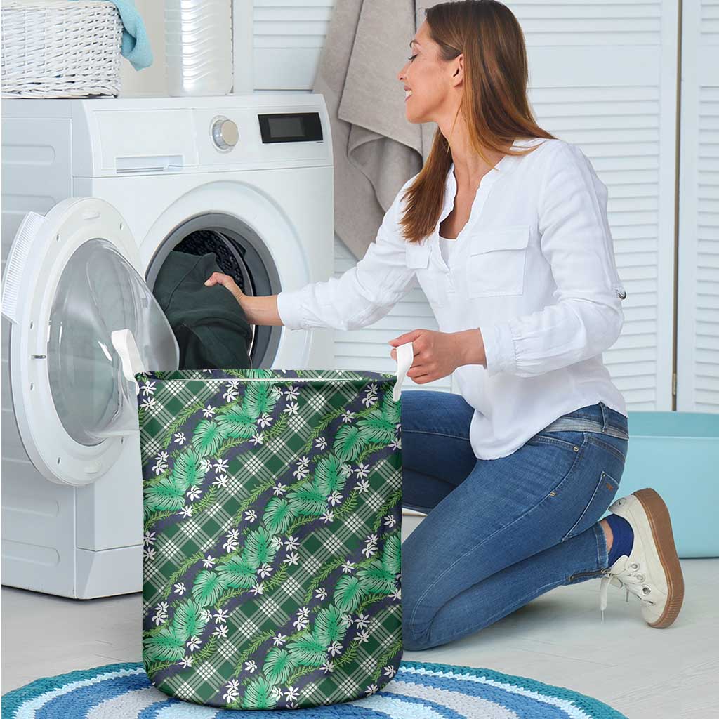 Polynesian Monstera Tiare Floral Laundry Basket Forest Green Tropical Plaid - Polynesian Pride