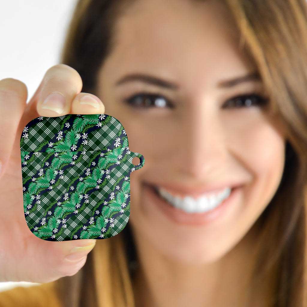 Polynesian Monstera Tiare Floral AirPods Case Forest Green Tropical Plaid - Polynesian Pride