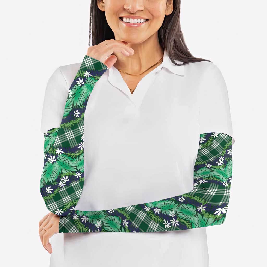 Polynesian Monstera Tiare Floral Arm Sleeves Forest Green Tropical Plaid - Polynesian Pride