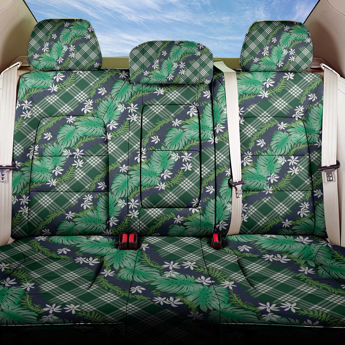Polynesian Monstera Tiare Floral Back Car Seat Cover Forest Green Tropical Plaid - Polynesian Pride