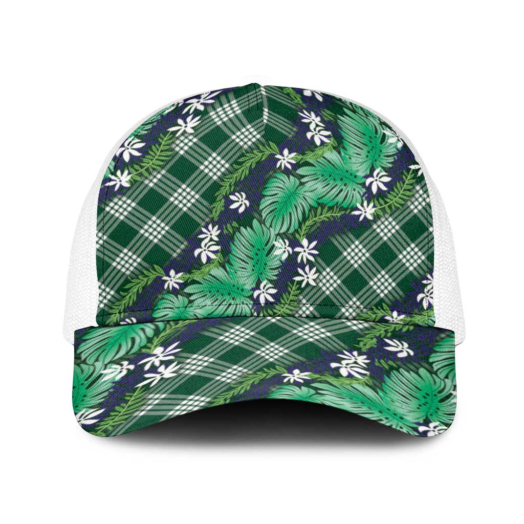 Polynesian Monstera Tiare Floral Baseball Net Cap Forest Green Tropical Plaid - Polynesian Pride