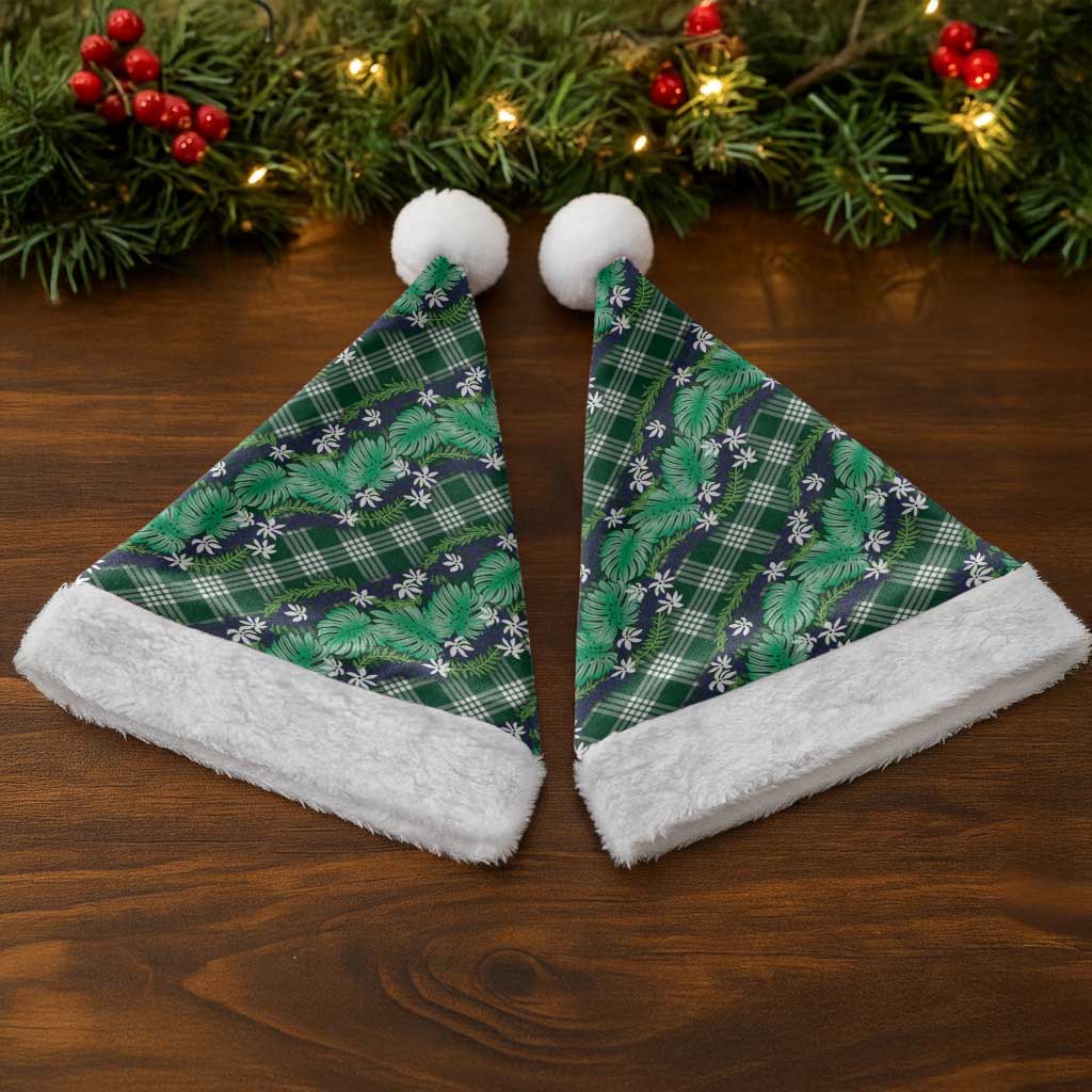 Polynesian Monstera Tiare Floral Christmas Santa Hat Forest Green Tropical Plaid - Polynesian Pride