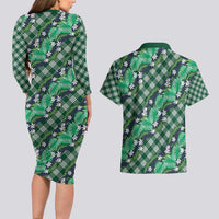 Polynesian Monstera Tiare Floral Couples Matching Long Sleeve Bodycon Dress and Hawaiian Shirt Forest Green Tropical Plaid LT01 - Polynesian Pride