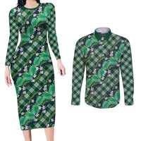 Polynesian Monstera Tiare Floral Couples Matching Long Sleeve Bodycon Dress and Long Sleeve Button Shirt Forest Green Tropical Plaid LT01 Green - Polynesian Pride