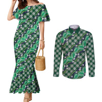 Polynesian Monstera Tiare Floral Couples Matching Mermaid Dress and Long Sleeve Button Shirt Forest Green Tropical Plaid - Polynesian Pride
