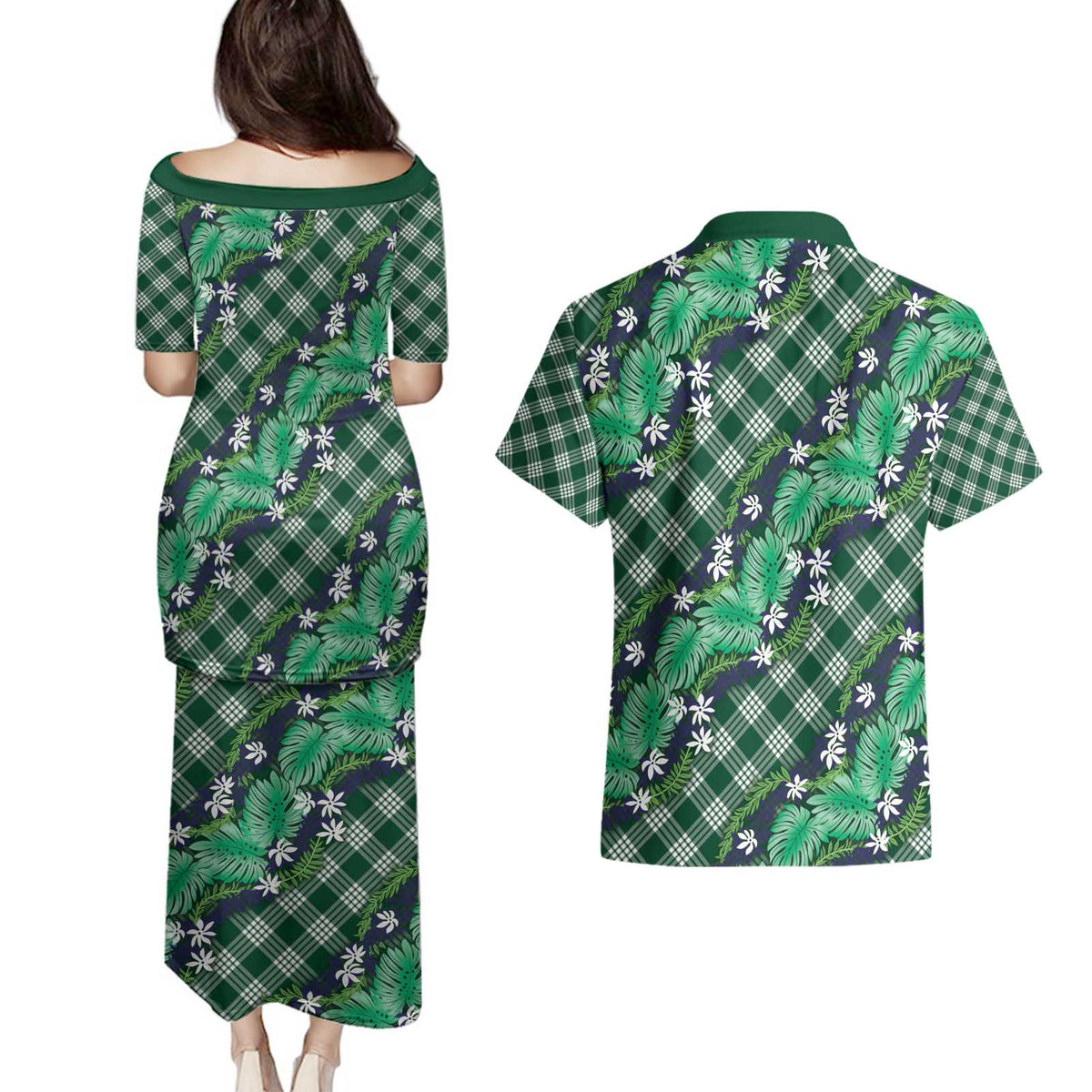 Polynesian Monstera Tiare Floral Couples Matching Puletasi and Hawaiian Shirt Forest Green Tropical Plaid - Polynesian Pride