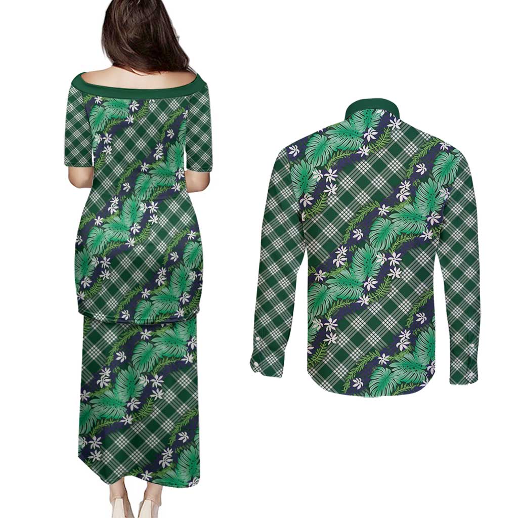 Polynesian Monstera Tiare Floral Couples Matching Puletasi and Long Sleeve Button Shirt Forest Green Tropical Plaid - Polynesian Pride