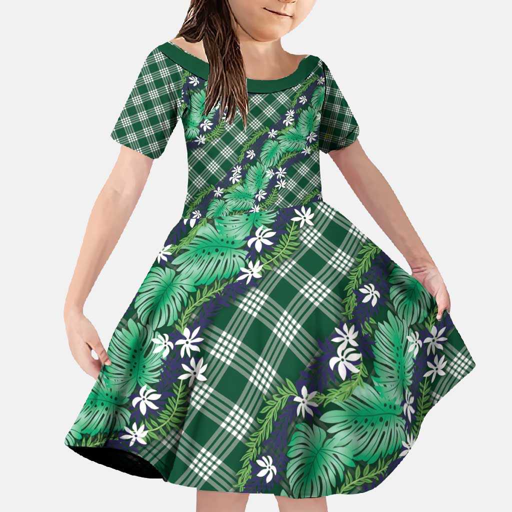 Polynesian Monstera Tiare Floral Family Matching Long Sleeve Bodycon Dress and Hawaiian Shirt Forest Green Tropical Plaid LT01 Daughter's Dress Green - Polynesian Pride