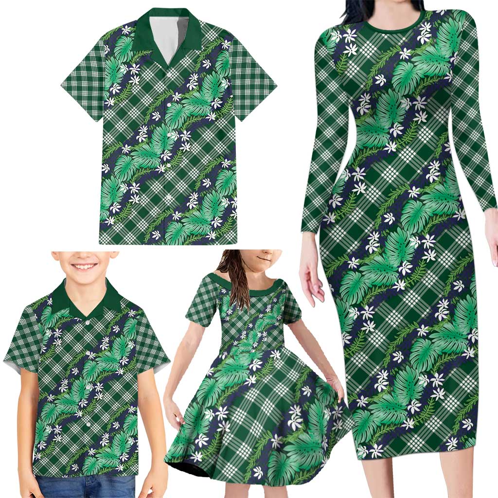 Polynesian Monstera Tiare Floral Family Matching Long Sleeve Bodycon Dress and Hawaiian Shirt Forest Green Tropical Plaid LT01 - Polynesian Pride