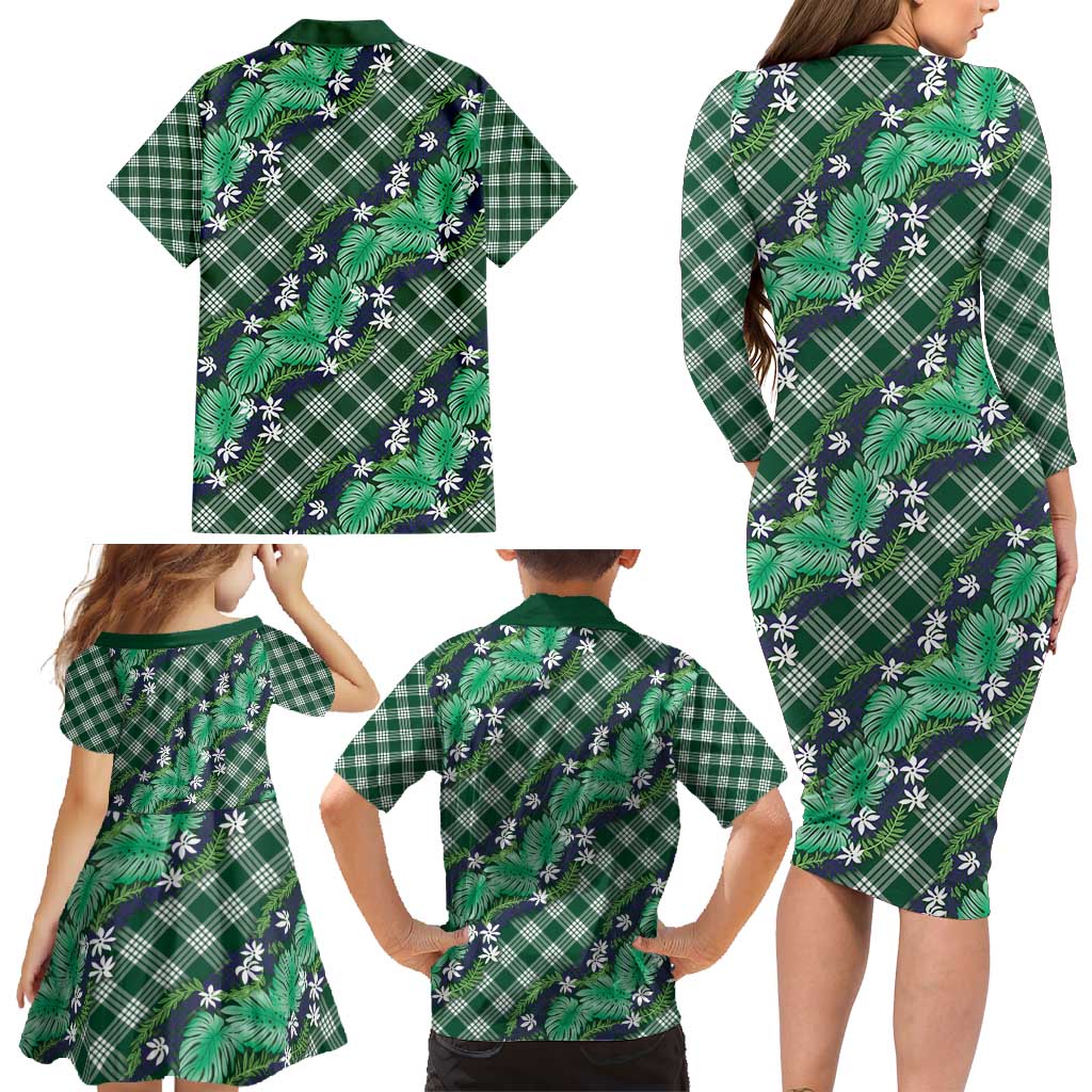 Polynesian Monstera Tiare Floral Family Matching Long Sleeve Bodycon Dress and Hawaiian Shirt Forest Green Tropical Plaid LT01 - Polynesian Pride