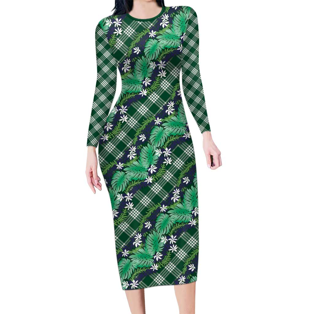 Polynesian Monstera Tiare Floral Family Matching Long Sleeve Bodycon Dress and Hawaiian Shirt Forest Green Tropical Plaid LT01 Mom's Dress Green - Polynesian Pride