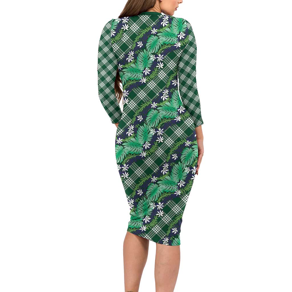 Polynesian Monstera Tiare Floral Family Matching Long Sleeve Bodycon Dress and Hawaiian Shirt Forest Green Tropical Plaid LT01 - Polynesian Pride