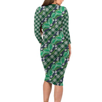 Polynesian Monstera Tiare Floral Family Matching Long Sleeve Bodycon Dress and Hawaiian Shirt Forest Green Tropical Plaid LT01 - Polynesian Pride