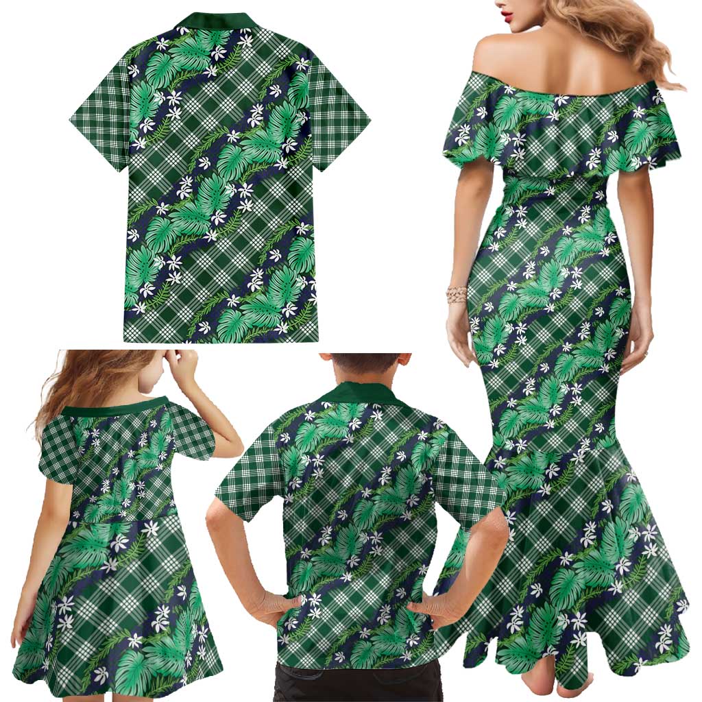 Polynesian Monstera Tiare Floral Family Matching Mermaid Dress and Hawaiian Shirt Forest Green Tropical Plaid LT01 - Polynesian Pride