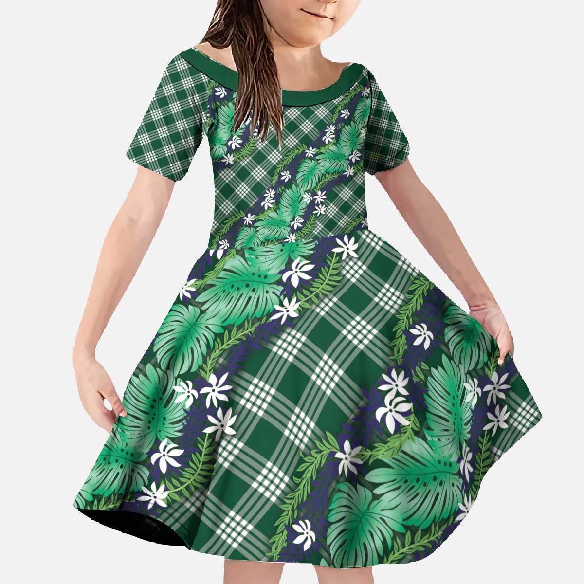 Polynesian Monstera Tiare Floral Family Matching Off The Shoulder Long Sleeve Dress and Hawaiian Shirt Forest Green Tropical Plaid LT01 Daughter's Dress Green - Polynesian Pride