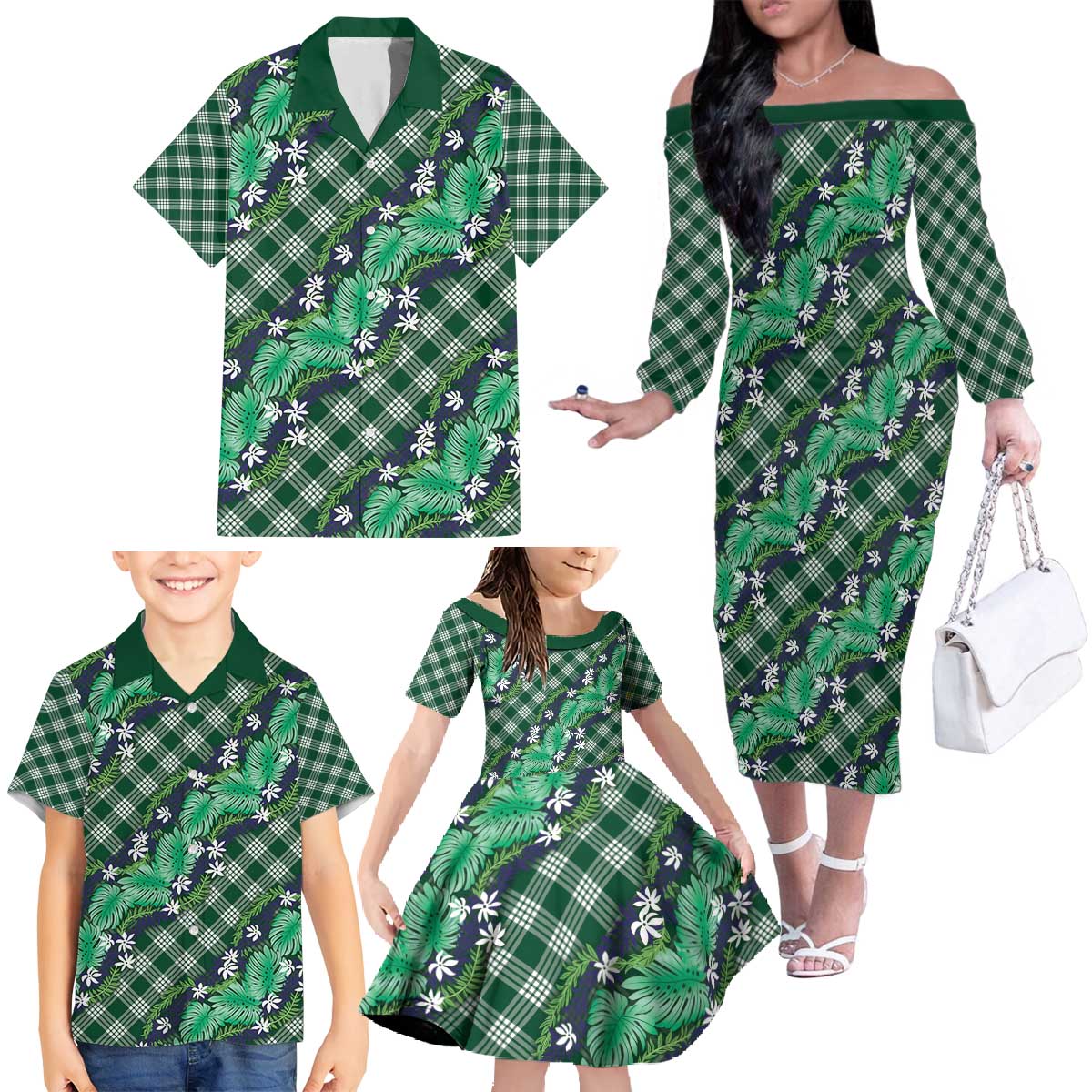 Polynesian Monstera Tiare Floral Family Matching Off The Shoulder Long Sleeve Dress and Hawaiian Shirt Forest Green Tropical Plaid LT01 - Polynesian Pride