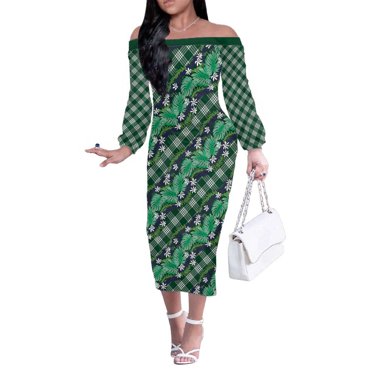Polynesian Monstera Tiare Floral Family Matching Off The Shoulder Long Sleeve Dress and Hawaiian Shirt Forest Green Tropical Plaid LT01 Mom's Dress Green - Polynesian Pride
