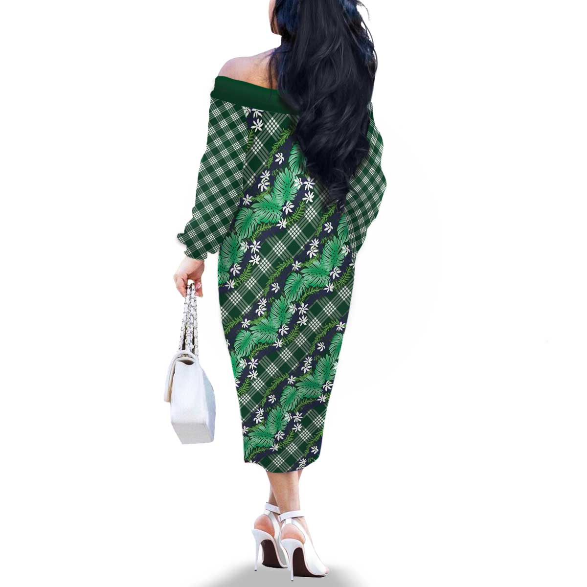 Polynesian Monstera Tiare Floral Family Matching Off The Shoulder Long Sleeve Dress and Hawaiian Shirt Forest Green Tropical Plaid LT01 - Polynesian Pride