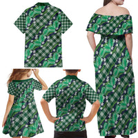 Polynesian Monstera Tiare Floral Family Matching Off Shoulder Maxi Dress and Hawaiian Shirt Forest Green Tropical Plaid LT01 - Polynesian Pride