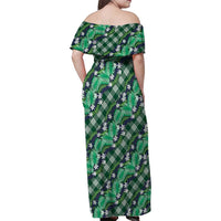 Polynesian Monstera Tiare Floral Family Matching Off Shoulder Maxi Dress and Hawaiian Shirt Forest Green Tropical Plaid LT01 - Polynesian Pride