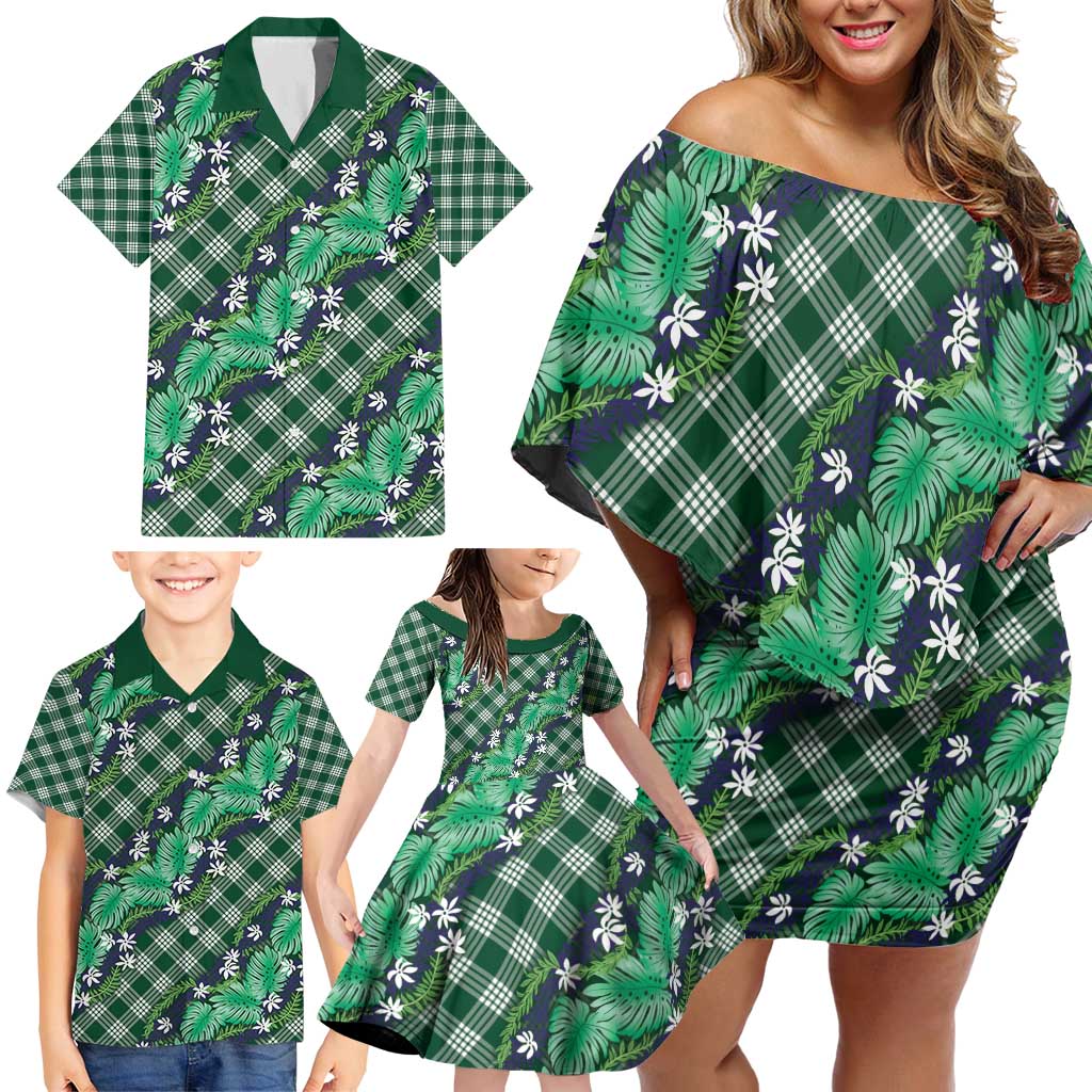 Polynesian Monstera Tiare Floral Family Matching Off Shoulder Short Dress and Hawaiian Shirt Forest Green Tropical Plaid LT01 - Polynesian Pride