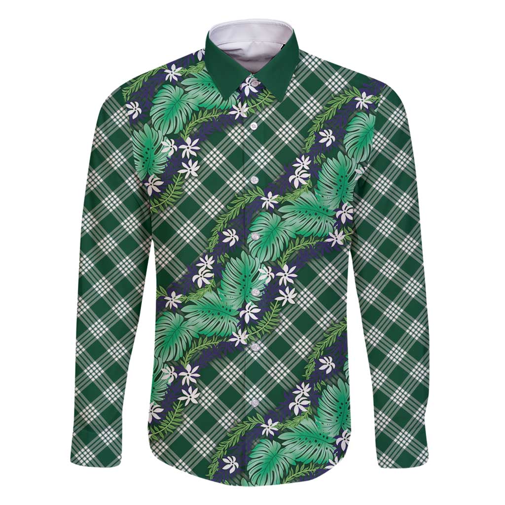Polynesian Monstera Tiare Floral Family Matching Off Shoulder Short Dress and Hawaiian Shirt Forest Green Tropical Plaid LT01 Dad's Shirt - Long Sleeve Green - Polynesian Pride