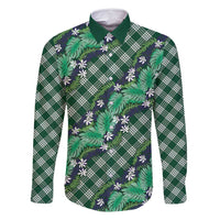 Polynesian Monstera Tiare Floral Family Matching Off Shoulder Short Dress and Hawaiian Shirt Forest Green Tropical Plaid LT01 Dad's Shirt - Long Sleeve Green - Polynesian Pride