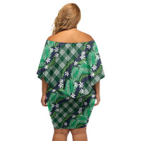 Polynesian Monstera Tiare Floral Family Matching Off Shoulder Short Dress and Hawaiian Shirt Forest Green Tropical Plaid LT01 - Polynesian Pride