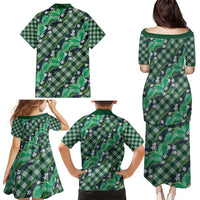 Polynesian Monstera Tiare Floral Family Matching Puletasi and Hawaiian Shirt Forest Green Tropical Plaid LT01 - Polynesian Pride