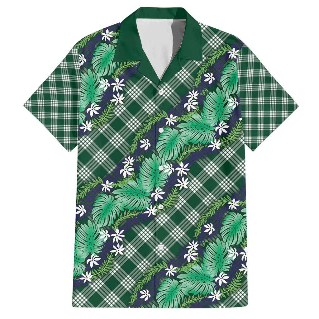 Polynesian Monstera Tiare Floral Family Matching Puletasi and Hawaiian Shirt Forest Green Tropical Plaid LT01 Dad's Shirt - Short Sleeve Green - Polynesian Pride