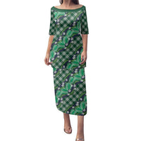 Polynesian Monstera Tiare Floral Family Matching Puletasi and Hawaiian Shirt Forest Green Tropical Plaid LT01 Mom's Dress Green - Polynesian Pride