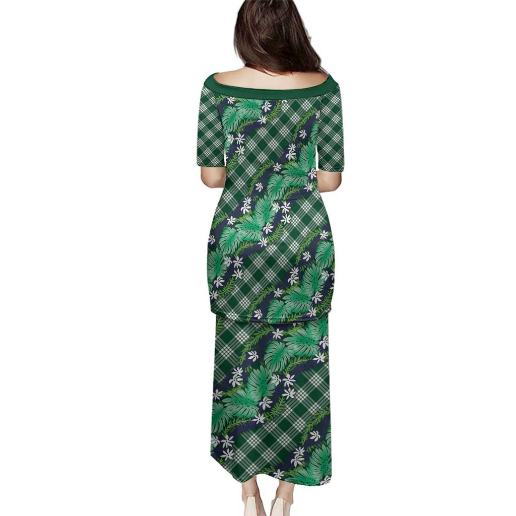 Polynesian Monstera Tiare Floral Family Matching Puletasi and Hawaiian Shirt Forest Green Tropical Plaid LT01 - Polynesian Pride