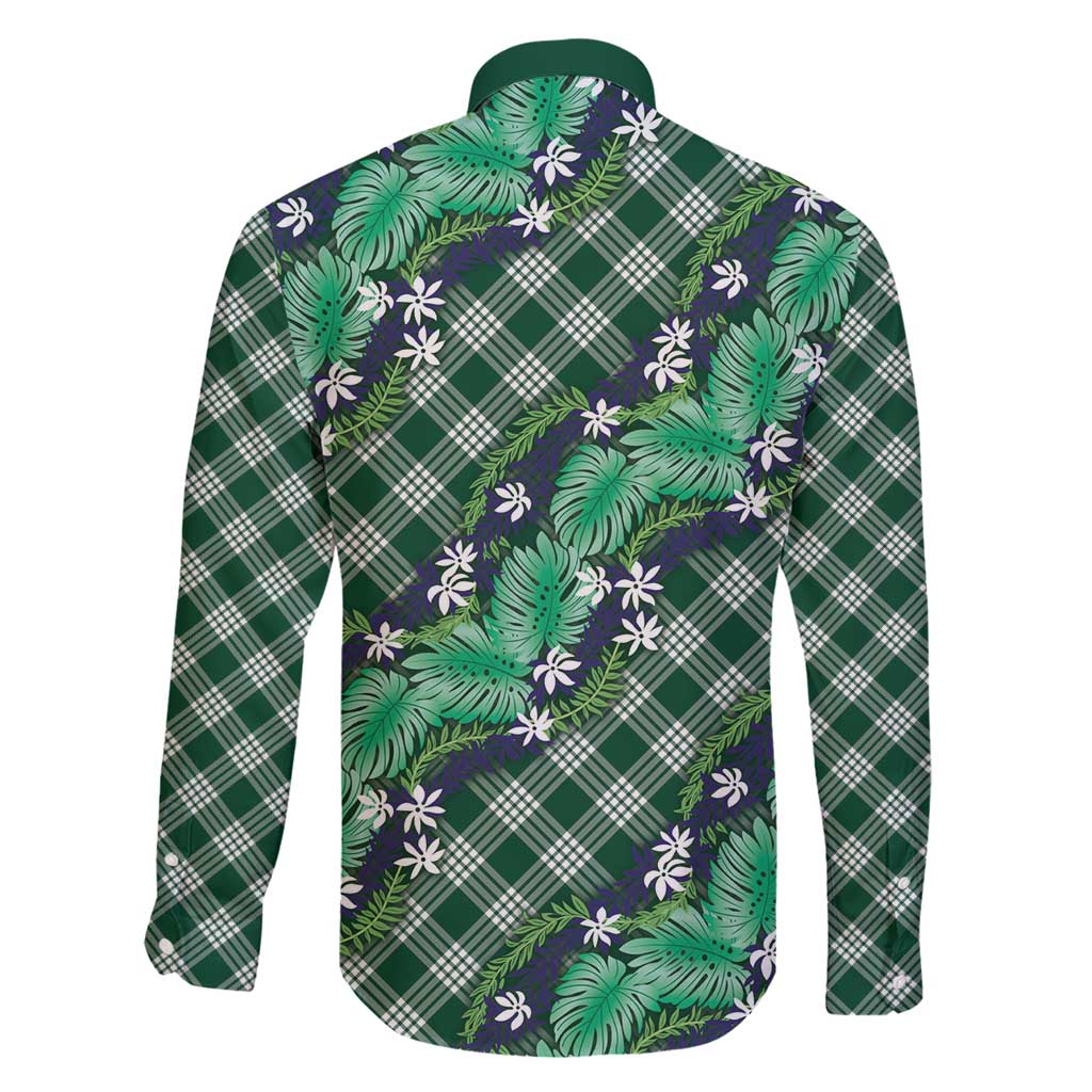 Polynesian Monstera Tiare Floral Family Matching Short Sleeve Bodycon Dress and Hawaiian Shirt Forest Green Tropical Plaid LT01 - Polynesian Pride