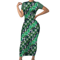 Polynesian Monstera Tiare Floral Family Matching Short Sleeve Bodycon Dress and Hawaiian Shirt Forest Green Tropical Plaid LT01 Mom's Dress Green - Polynesian Pride