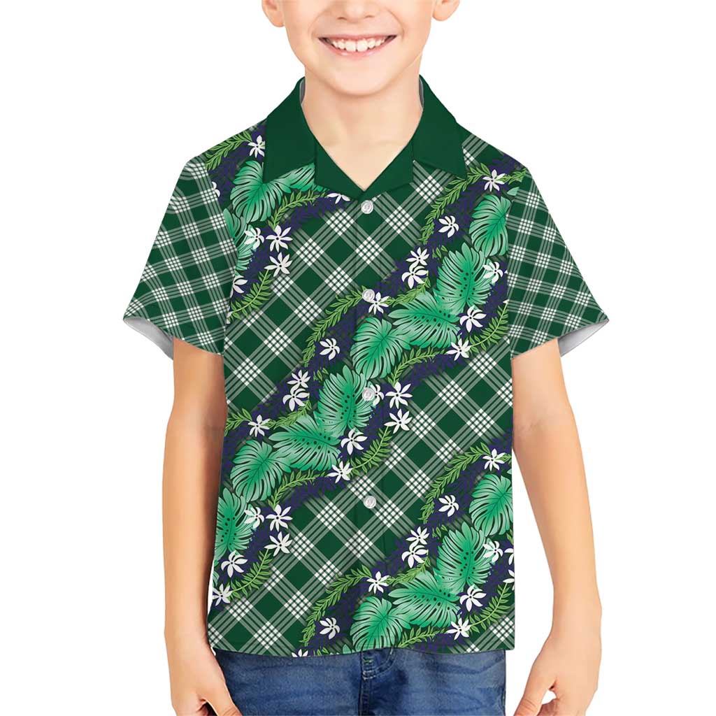 Polynesian Monstera Tiare Floral Family Matching Short Sleeve Bodycon Dress and Hawaiian Shirt Forest Green Tropical Plaid LT01 Son's Shirt Green - Polynesian Pride