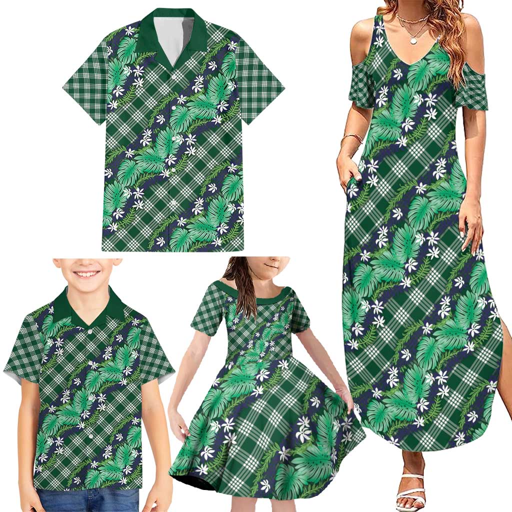 Polynesian Monstera Tiare Floral Family Matching Summer Maxi Dress and Hawaiian Shirt Forest Green Tropical Plaid LT01 - Polynesian Pride