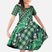Polynesian Monstera Tiare Floral Family Matching Tank Maxi Dress and Hawaiian Shirt Forest Green Tropical Plaid LT01 Daughter's Dress Green - Polynesian Pride