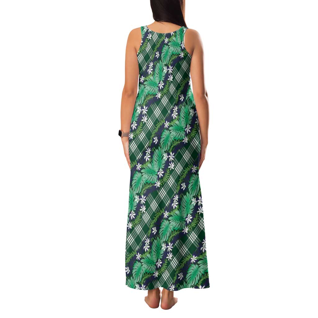 Polynesian Monstera Tiare Floral Family Matching Tank Maxi Dress and Hawaiian Shirt Forest Green Tropical Plaid LT01 - Polynesian Pride