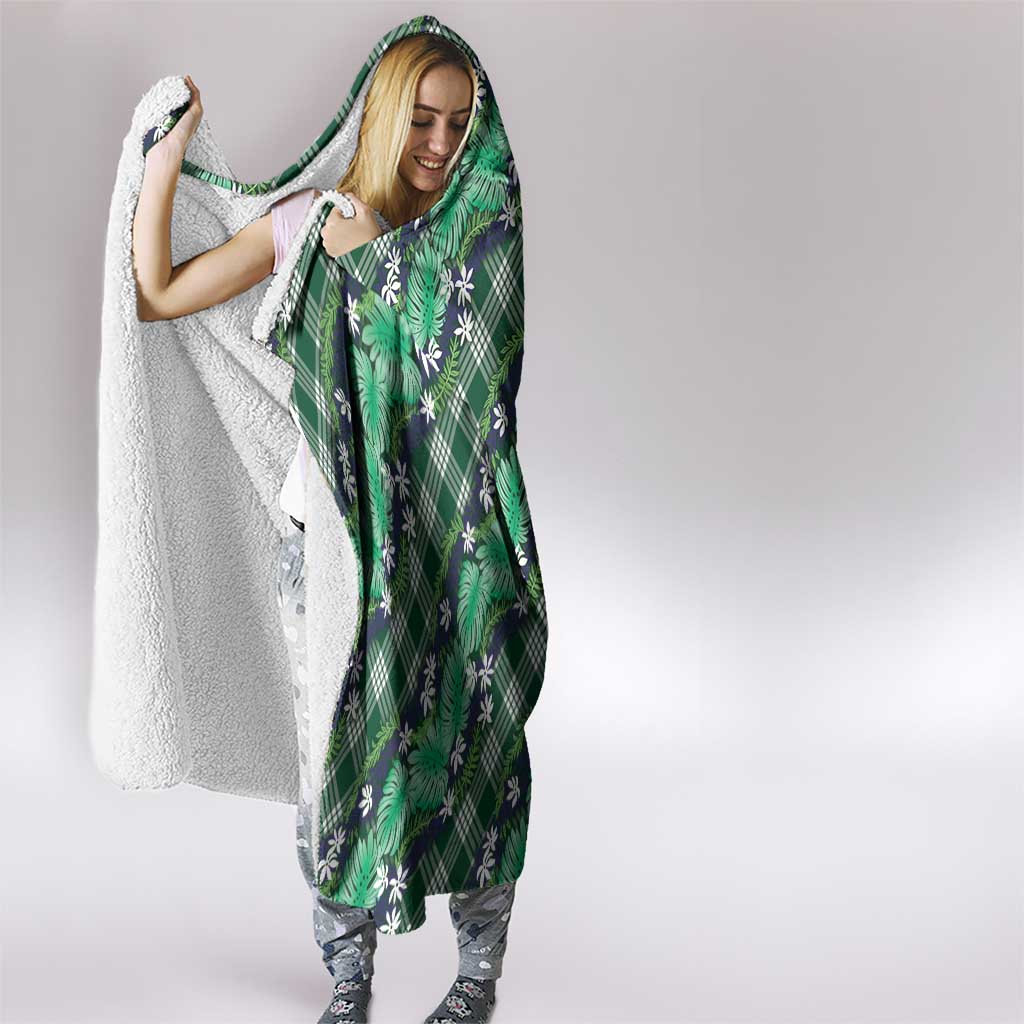 Polynesian Monstera Tiare Floral Hooded Blanket Forest Green Tropical Plaid - Polynesian Pride
