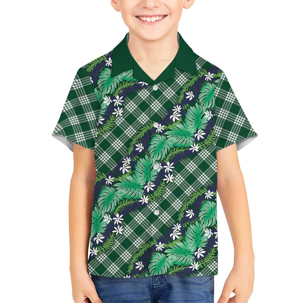 Polynesian Monstera Tiare Floral Kid Hawaiian Shirt Forest Green Tropical Plaid - Polynesian Pride