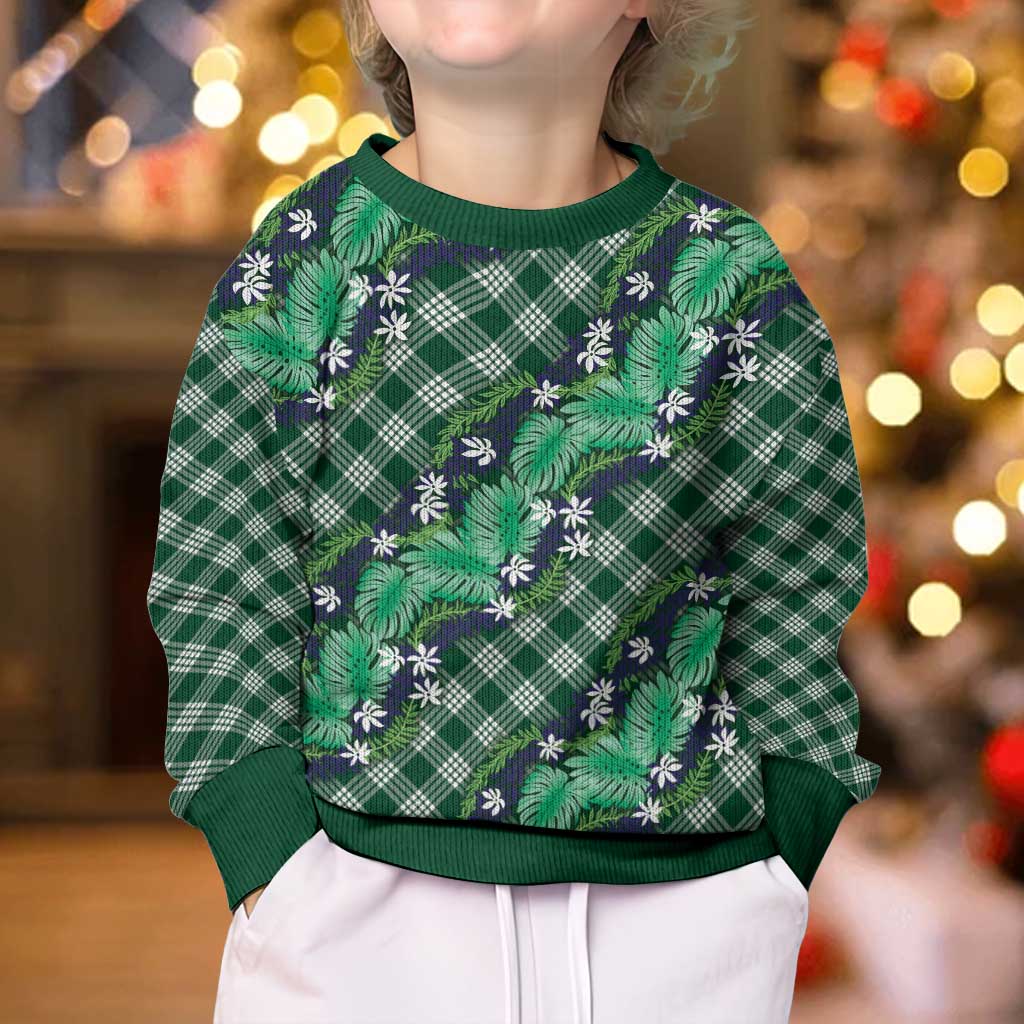 Polynesian Monstera Tiare Floral Kid Ugly Christmas Sweater Forest Green Tropical Plaid - Polynesian Pride