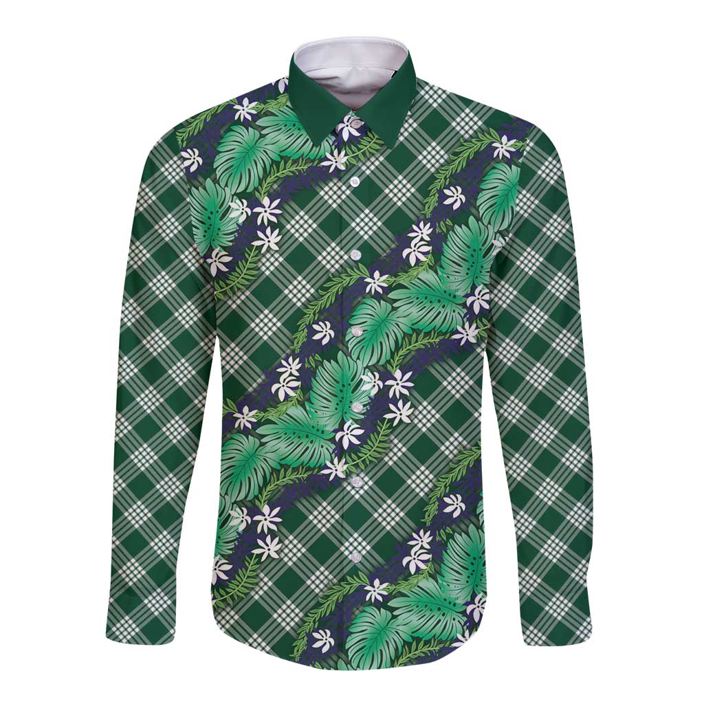 Polynesian Monstera Tiare Floral Long Sleeve Button Shirt Forest Green Tropical Plaid LT01 Unisex Green - Polynesian Pride