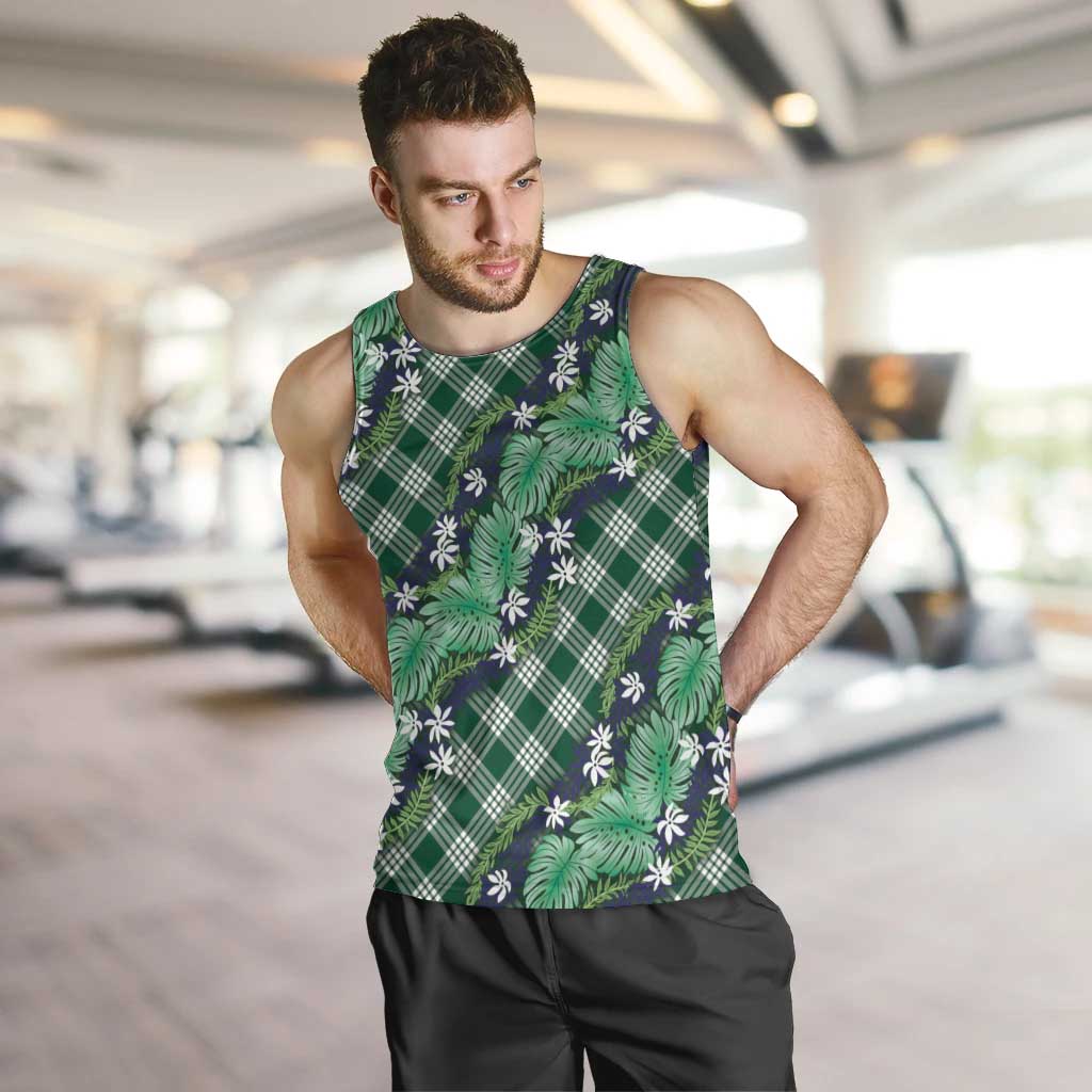 Polynesian Monstera Tiare Floral Men Tank Top Forest Green Tropical Plaid LT01 Green - Polynesian Pride